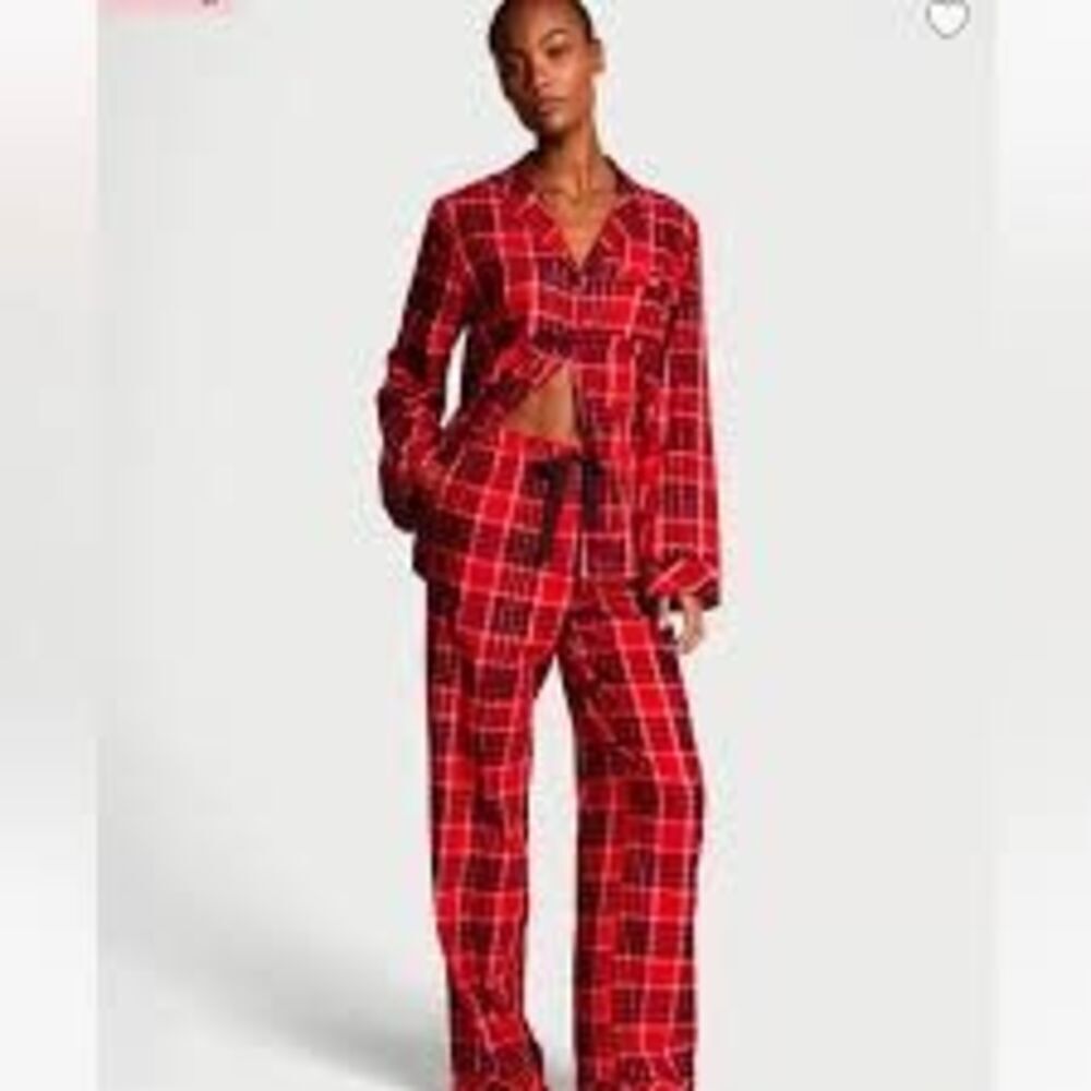 Victoria’s Secret Pajama PJ Set Sz Large Flannel Top Pants  Long Sleeve 100% Cot